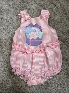 Vintage Embroidered Kitten Seersucker Pink Striped Basket Baby Romper Bubble 2T
